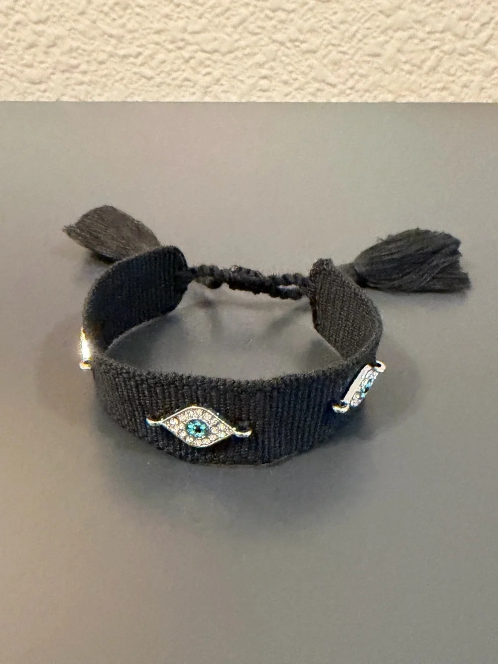 Black Woven Tassel Rhinestone Evil Eye Friendship Bracelet NEW